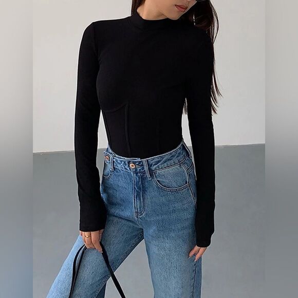 Commense Mock Neck Black Piping Ribbed T-Shirt SZ  M NEW - Picture 2 of 14